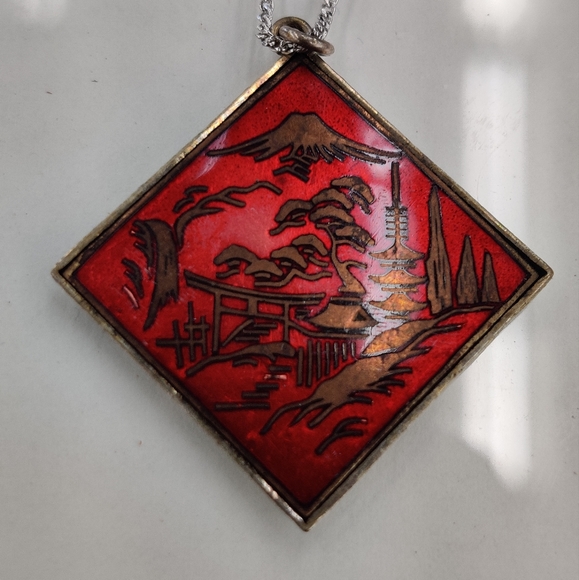 Vintage Japan Enamel Damascene Style Necklace and Earrings Set - Picture 3 of 15